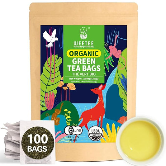 WT WEETEE Organic Green Tea Bags, Organic Pure Green Tea 100 Count, Super Antioxidant | Resealable