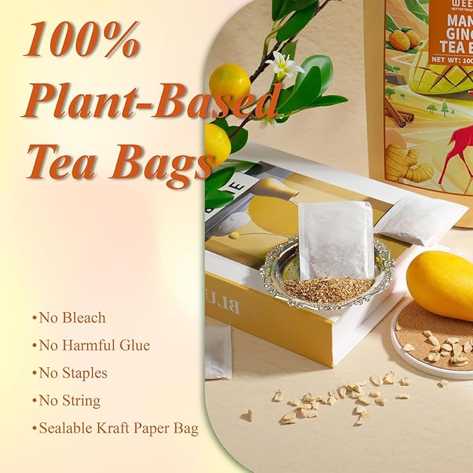 WT WEETEE Mango Ginger Tea Bags, 2g x 100 Counts, Flavored Ginger Herbal Tea Includes Cardamom