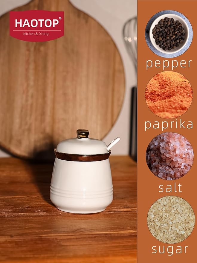 HAOTOP 12oz Sugar Bowl with Lid and Spoon,Simple Ceramic Sugar Jar Sugar Container Sugar Dispenser
