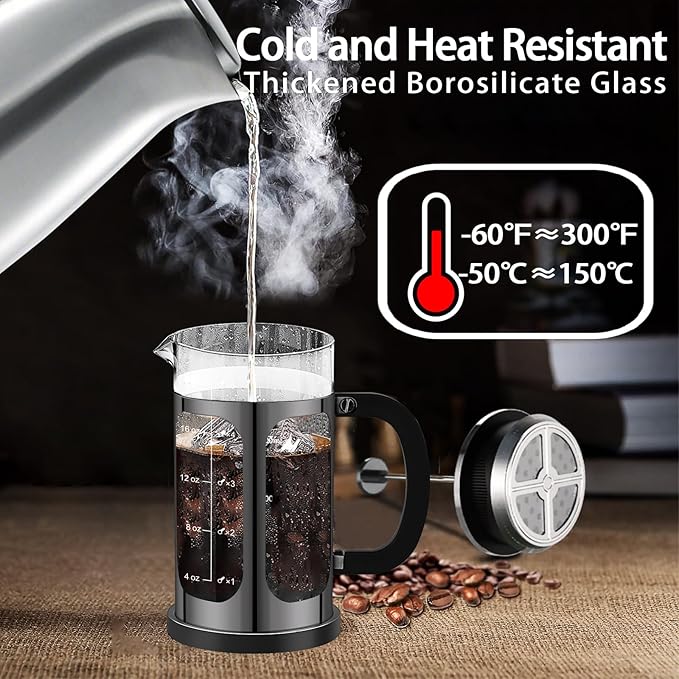 French Press Coffee Maker (21oz 600ML 3-4Cup) Coffee Press, with 4 Filters System, Heat Resistant