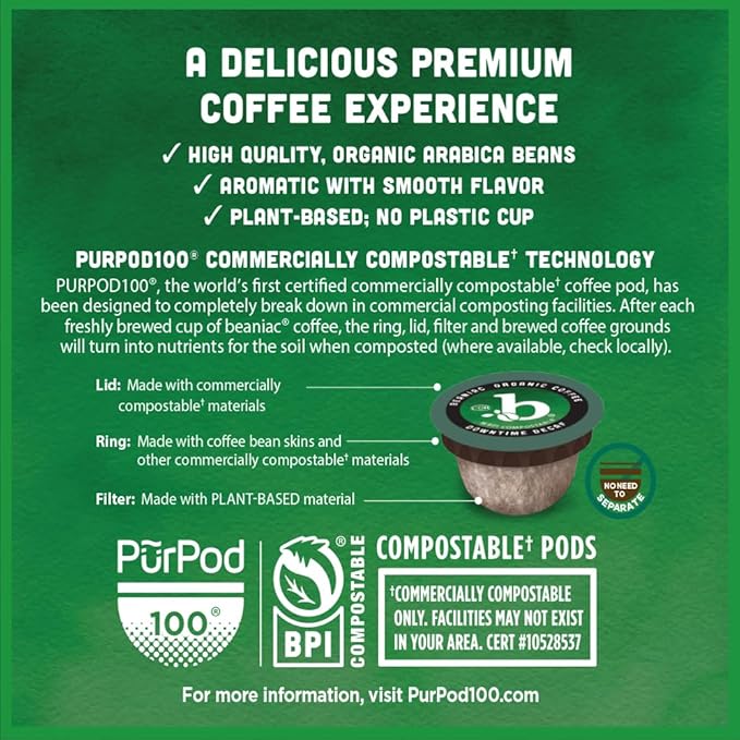 beaniac Organic Downtime Decaf Swiss Water Decaffeinated, Medium Roast, Single Serve Compostable K