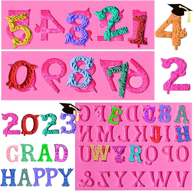 Silicone Fondant Molds, AIMEIKI 3 Pack 3D Silicone Number 0-9 Alphabet A-Z Embossed Fondant