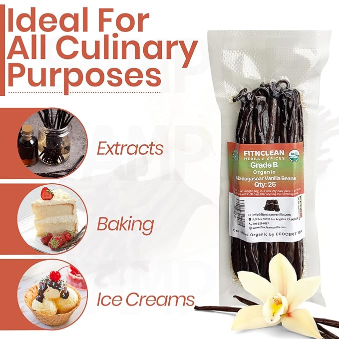 50 Madagascar Organic Vanilla Beans Grade B. Certified USDA Organic. 5"-7" by FITNCLEAN VANILLA for