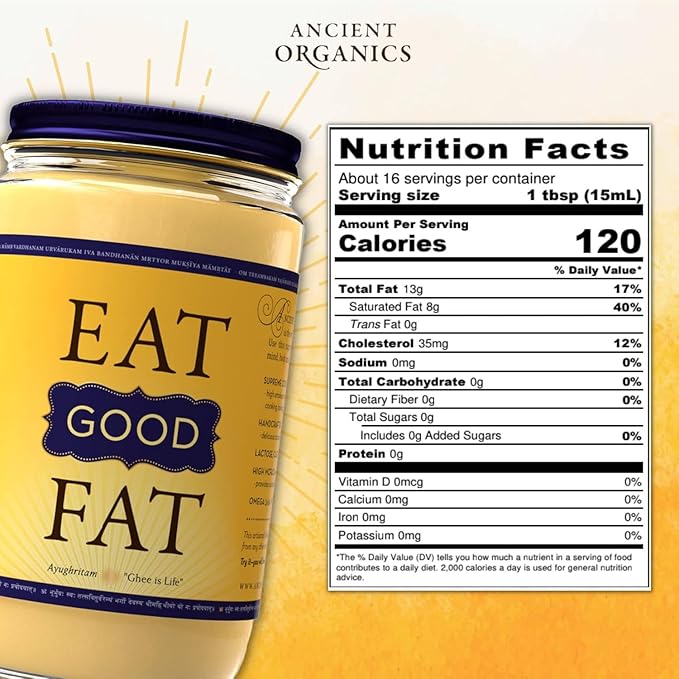 Ancient Organics Ghee, Organic Grass Fed Ghee Butter - Gluten Free Ghee, Clarified Butter, Vitamins