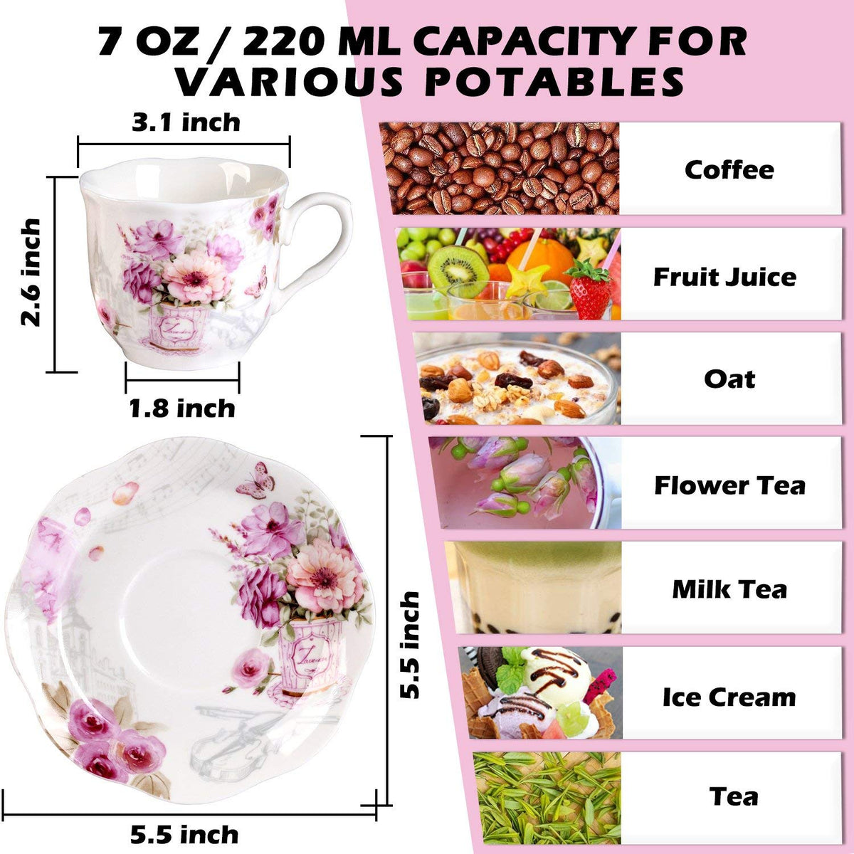 GuangYang 7 oz Porcelain Tea Cups and Saucers set of 6,Purple Fancy Floral Pattern (Perfect for