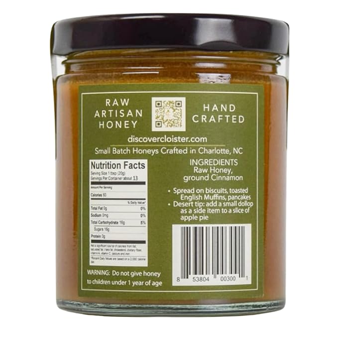 Cloister Honey Whipped Honey - Cinnamon (9 oz) | Hand Crafted | Raw Artisan Honey | 100% Pure, Raw