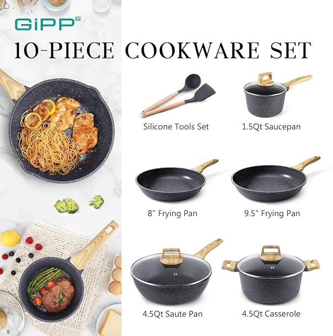 GiPP Pots and Pans Set Non Stick - 10 Pcs White Granite Kitchen Cookware Sets Nonstick Induction