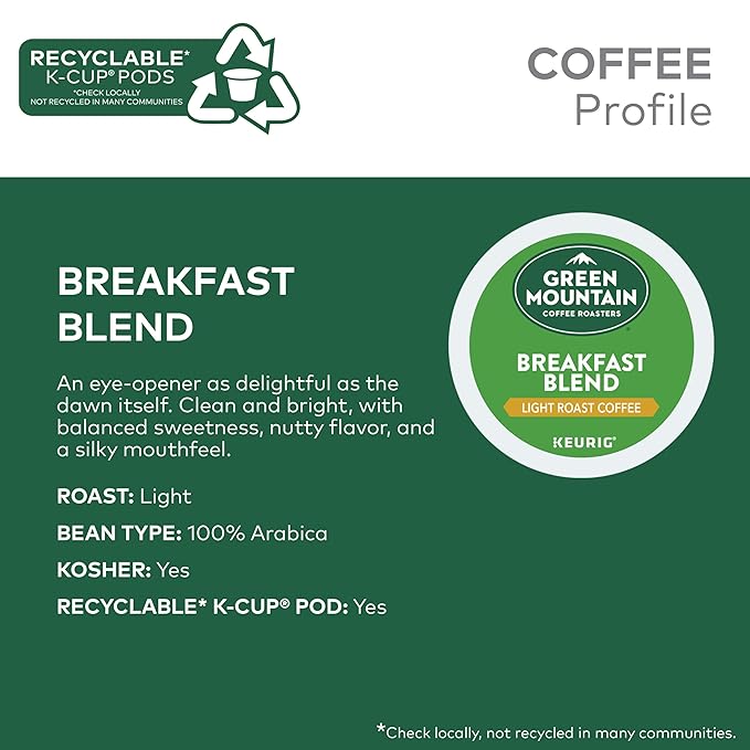 Green Mountain Coffee Roasters Breakfast Blend Keurig Single-Serve K-Cup Pods, Light Roast Coffee