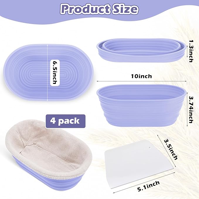 Nuogo 4 Pack Oval Bread Proofing Basket Silicone 10 Inch Collapsible Sourdough Bread Baking