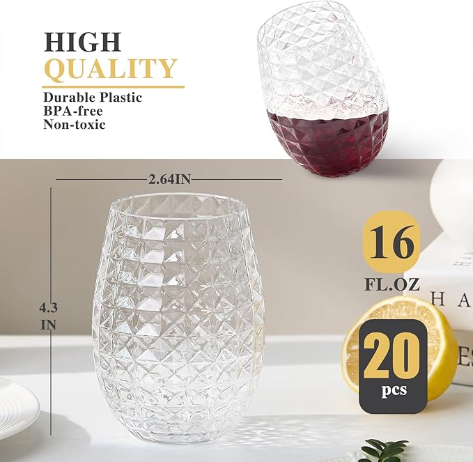 20 Pack Plastic Wine Glasses, 16Oz Disposable Wine Glasses Unbreakable Clear Plastic Cocktail