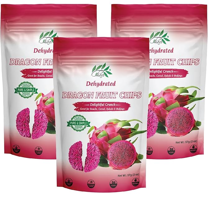CHAVI Dragon Fruit Chips - Pack of 3 x 2 Oz - Healthy 1 Ingredient Superfood Snack - No Added