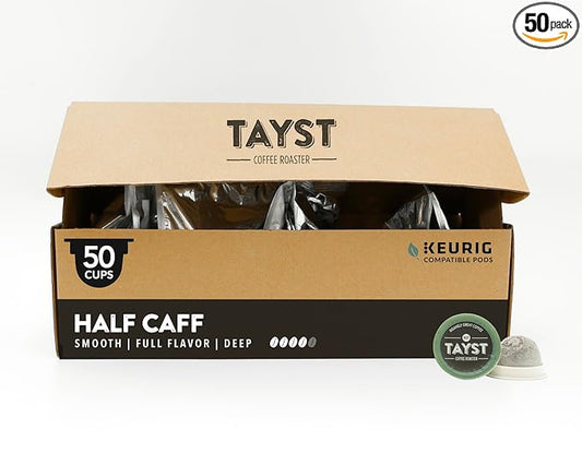 Tayst Coffee Pods, Half Caff Dark Roast, K Cups Compatible with Keurig Coffee Maker, Reduced