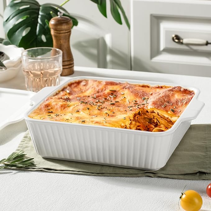 Dizada Casserole Dish for Oven with Lid, 10'' Square Baking Dish, Ceramic Baking Dish, Baking Pan