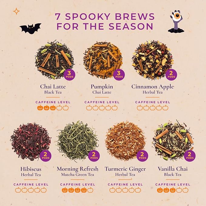 Gya Tea Co Halloween Tea Gift Set (16 Count) - Assorted Tea Pod Variety Pack Sampler With Fall