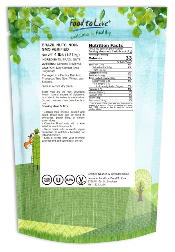 Food to Live - Raw Brazil Nuts, 4 Pounds Non-GMO Verified, Raw, Whole, No Shell, Unsalted, Kosher