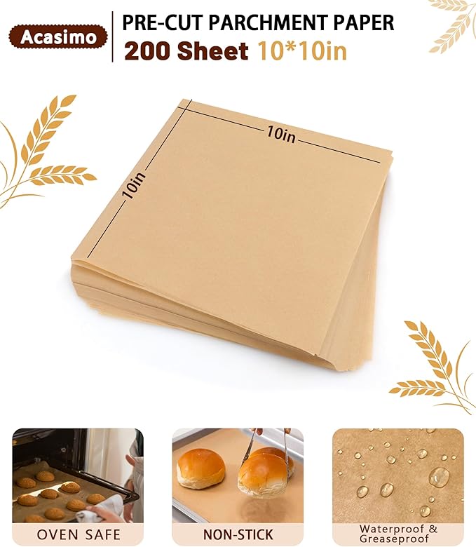 200PCS Parchment Paper Sheets, 10x10in, Squares Baking Paper for Baking, Air Fryer, Steaming