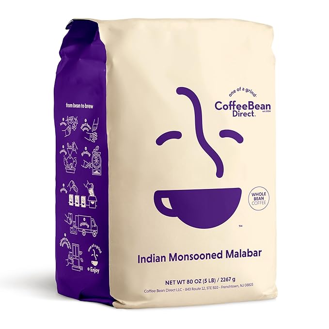 Coffee Bean Direct Indian Monsooned Malabar, Whole Bean Coffee, Arabica Coffee, Light Roast, 5