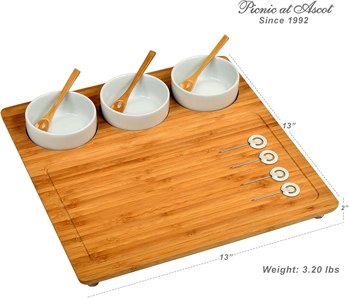 Picnic at Ascot Bamboo Cheese Board/Charcuterie Platter - Includes 3 Ceramic Bowls with Bamboo