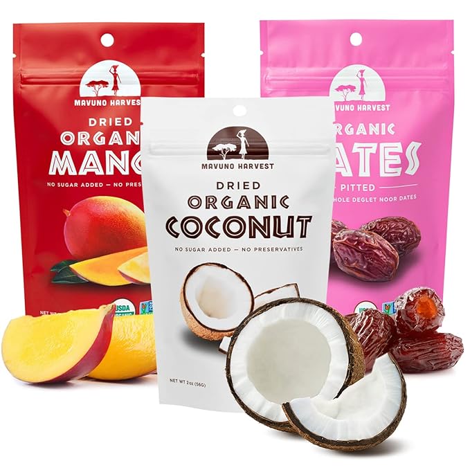 Mavuno Harvest Organic Dried Fruit Variety Pack | Dried Mango, Coconut, and Dates | Healthy, Vegan