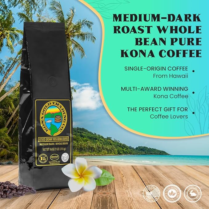 Hawaiian Kona Coffee Whole Bean - 16 oz, Kona Gold Coffee by Kona Gold Rum Co. - Freshly Roasted