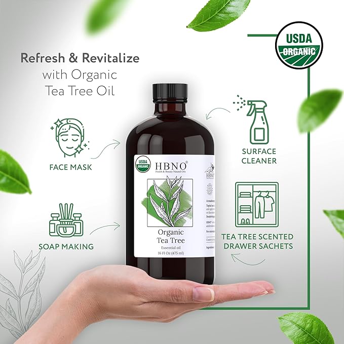 HBNO Organic Tea Tree Oil - Huge 16 oz (475ml) Large Size - Ideal for Diffusers, Cleaning Agents