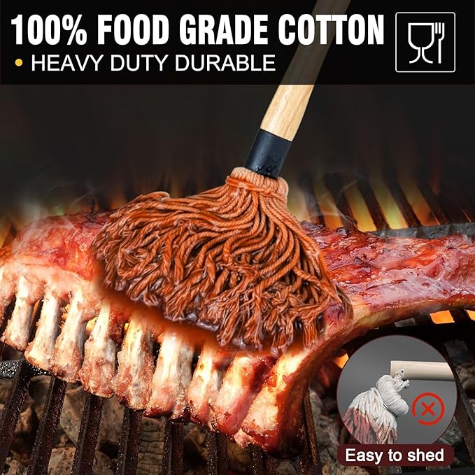 Walfos BBQ Mop Brushes for Sauce, Grilling Basting Mop Wooden Long Handle with 3 Heads, for