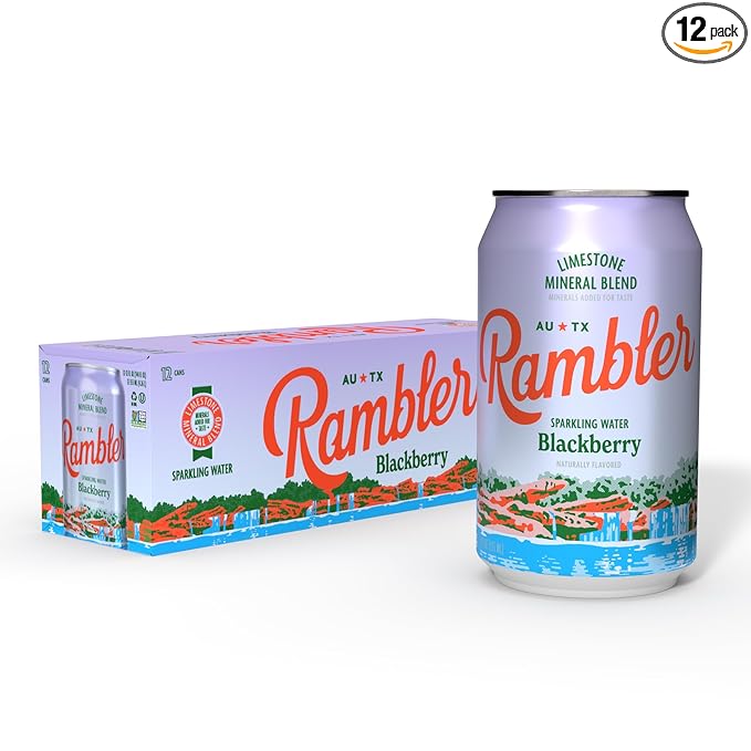 AUTX RAMBLER Sparkling Water, Texas Limestone Mineral Blend, Blackberry Flavor, 12-Ounce Cans