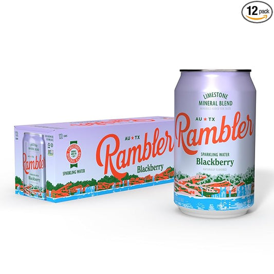 AUTX RAMBLER Sparkling Water, Texas Limestone Mineral Blend, Blackberry Flavor, 12-Ounce Cans