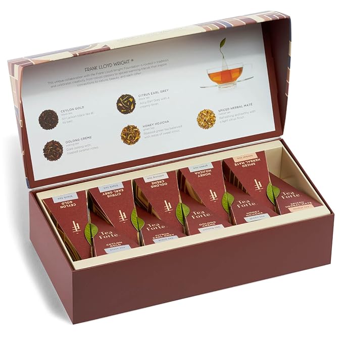 Tea Forte Frank Lloyd Wright Petite Presentation Box Tea Gift Set Sampler, 10 Count, 2 of Each