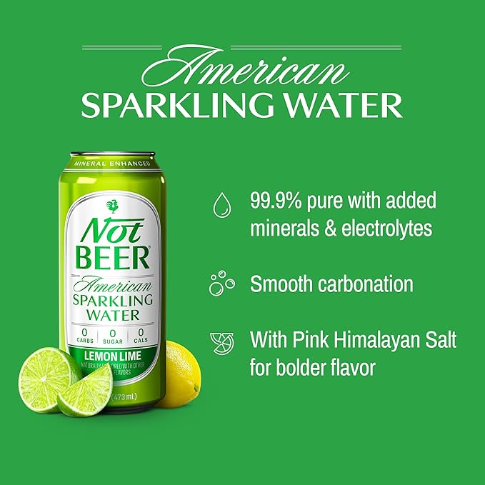 Not Beer American Sparkling Water, Lemon Lime, 99.9% Pure, Mineral & Electrolyte Blend, Flavored