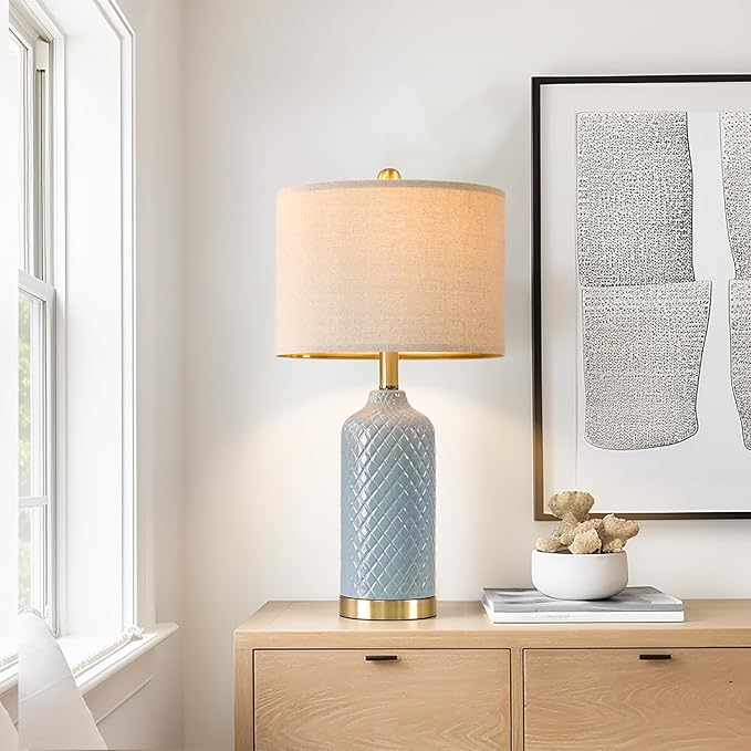 24.25" Modern Ceramic Blue Table Lamps Set of 2 for Living Room, Farmhouse, Bedside, Coastal