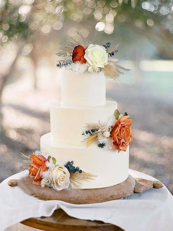 Rinlong 3-Piece Boho Chic Cake Toppers: Terracotta & Beige Silk & Dried Eucalyptus Flowers for