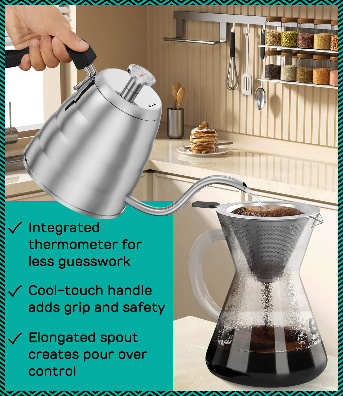 Coffee Gator Gooseneck Kettle with Thermometer - 40oz Premium Stainless Steel Pour Over Coffee