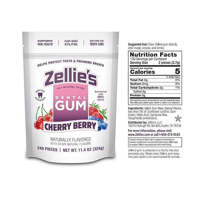 Zellie's | 100% Xylitol Cherry Berry Chewing Gum | No Aspartame, Gluten Free, Vegan & Kosher (240