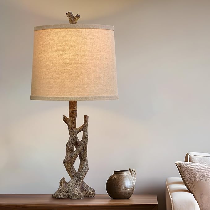 OYEARS 23" Rustic Farmhouse Table Lamp Country Cottage Lamps for Nightstand Tree Trunk Wood Grain