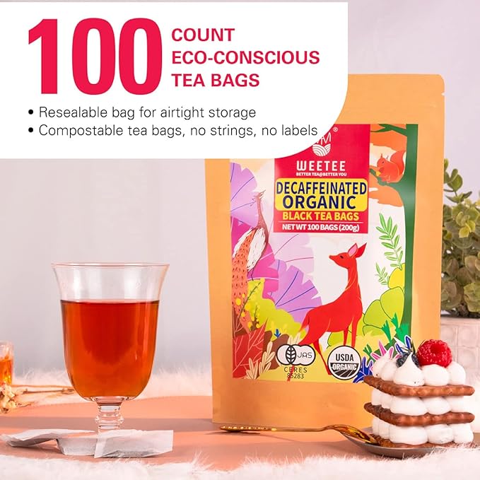 WT WEETEE Organic Decaf Black Tea Bags, Organic Decaffeinated Black Tea 200 Count | Smooth & Mild