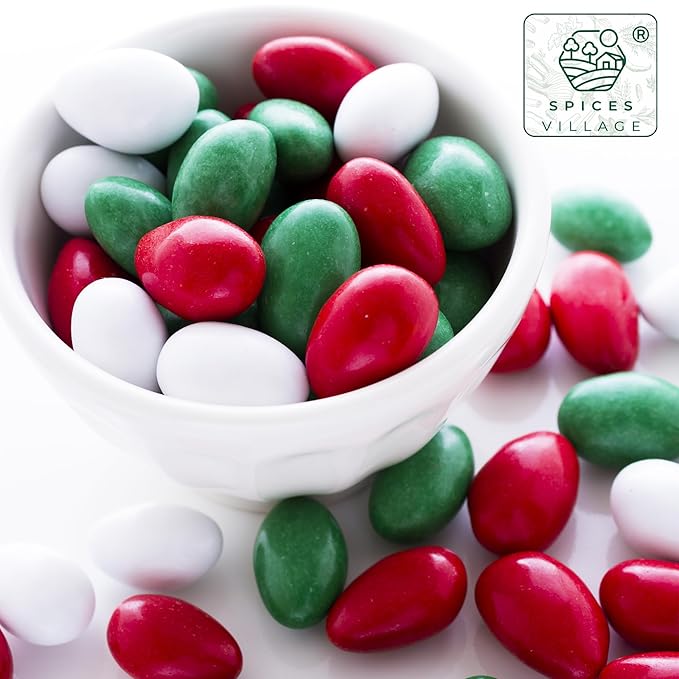 Spices Village Christmas Jordan Almonds, Red, Green, and White Candy-Coated Almonds, Ideal for