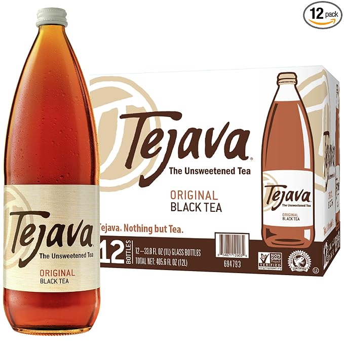 Tejava Original Unsweetened Black Iced Tea, 12 Pack, 1 Liter Glass Bottles, Non-GMO, Kosher, No