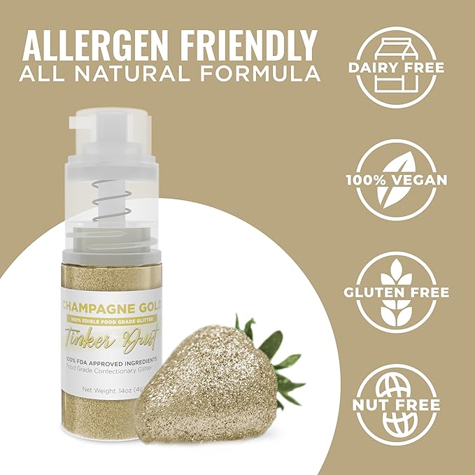 Bakell - Champagne Gold Tinker Dust Edible GLitter (4g, 1x Mini Spray Pump) for Food, Desserts, and