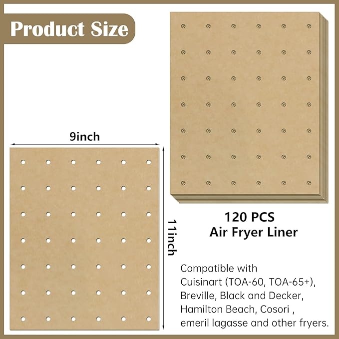 120 Sheets 9x11inch Unbleached Air Fryer Parchment Paper Liners,Non-stick Disposable Rectangle