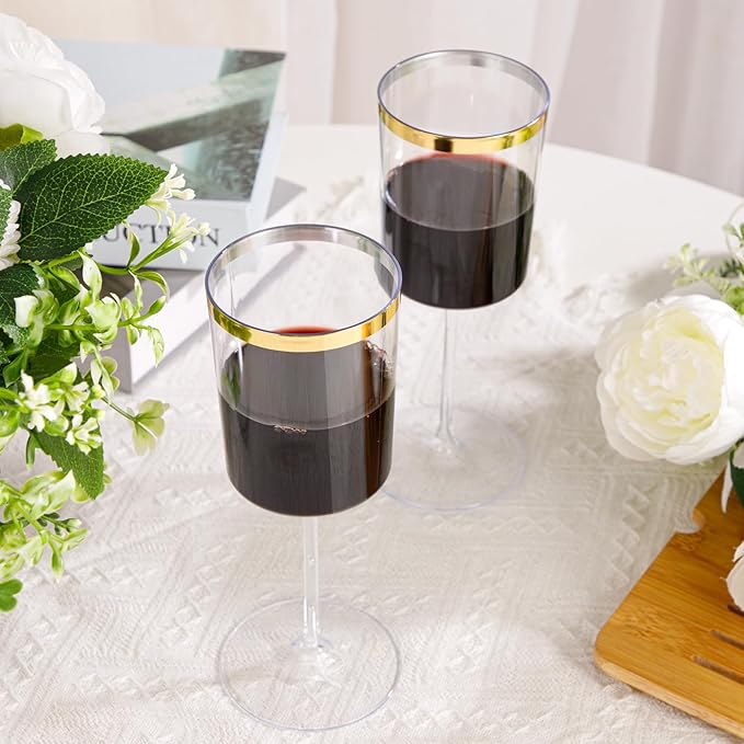 Ciaell 12 Pack Plastic Wine Glasses - 14 Oz Plastic Wine Glasses with Stem - Square Gold Disposable
