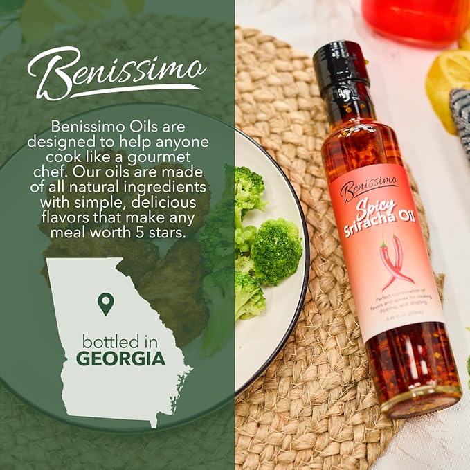 Benissimo Spicy Sriracha Herb Infused Oil, All Natural Gourmet Cooking Oil with Bold Chili Heat and