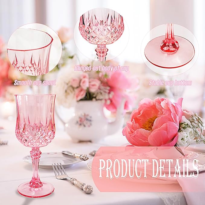 12 PCS Pink Plastic Wine Glasses,Reusable Plastic Wine Glasses,Pink Goblet Glass,Durable and Sturdy