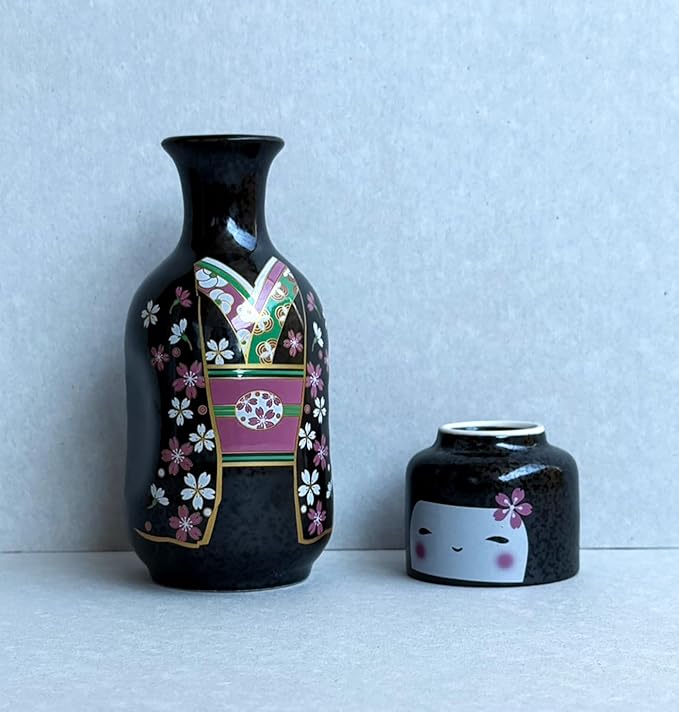 Japanese Traditional Kokeshi Design Sake Wine Soju Ceramic Set with 1 Ochoko Cup and 1 Tokkuri