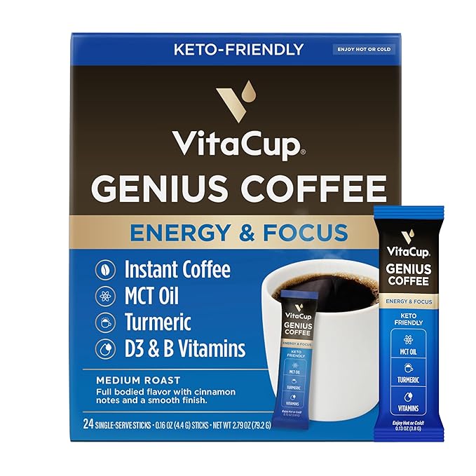 VitaCup Genius Instant Coffee Packets, Increase Energy & Focus, Keto Coffee, Serve Hot or Cold