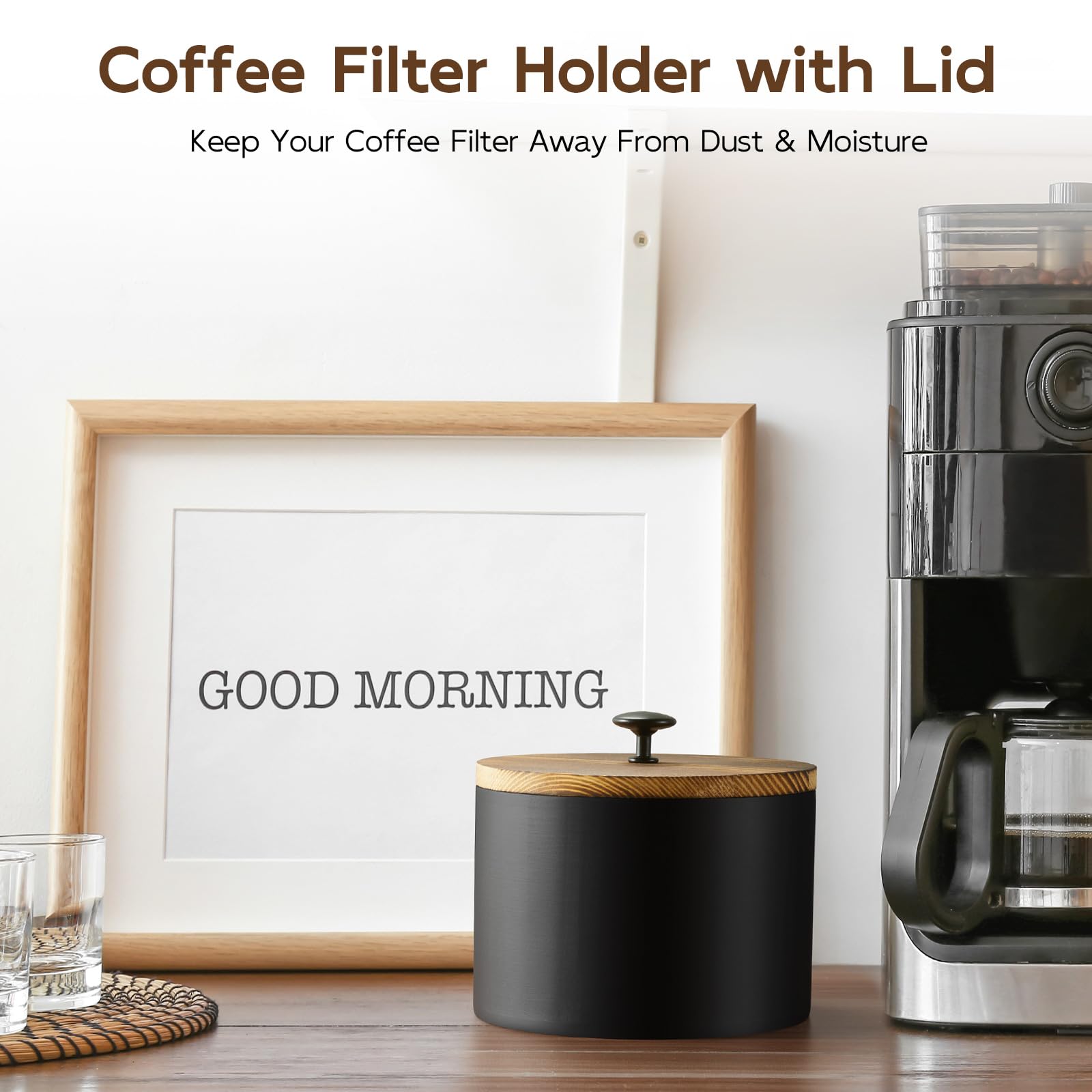 BWODYAY Coffee Filter Holder, Wood Filter Storage Container for Counter, Coffee Bar Accessories for
