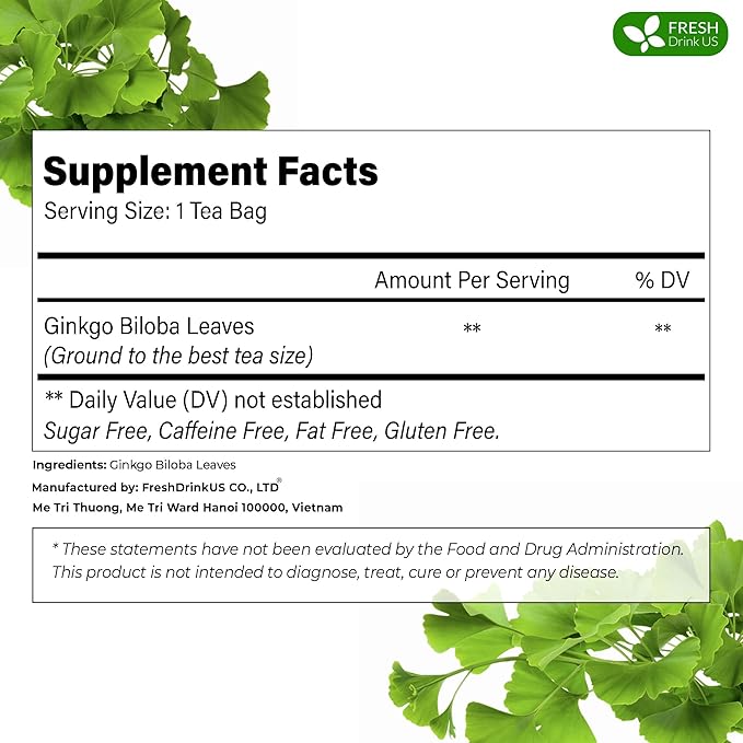 FreshDrinkUS, Premium 55 Ginkgo Biloba Leaf Tea Bags, 100% Natural & Pure from Ginkgo Biloba