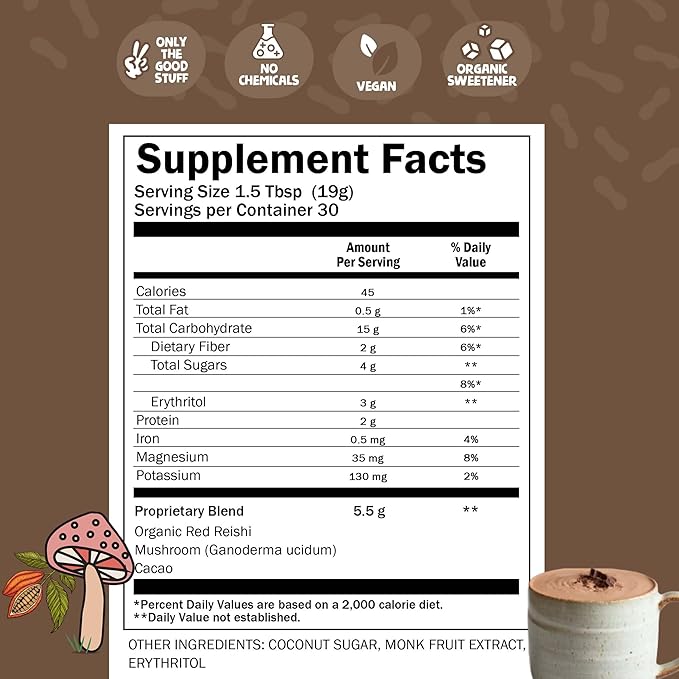 Renude Reishi Cacao – Mushroom Hot Chocolate Mix, Coffee Alternative with Magnesium, Organic Cacao