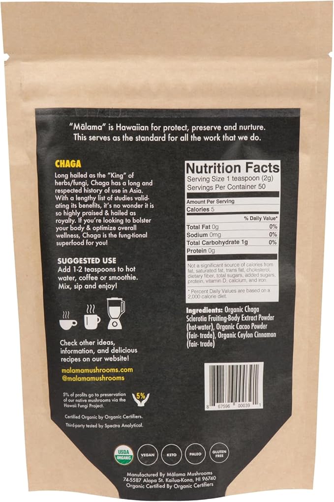 Malama Organic Mushroom Hot Cacao Mix, Chaga Mushroom Powder with Fair Trade Cacao for Immune &