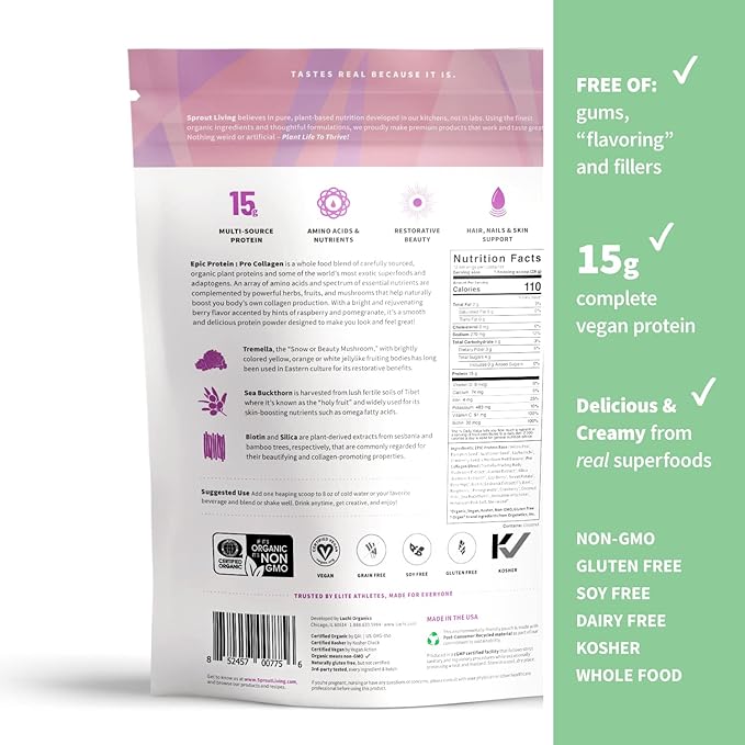 Sprout Living Epic Protein, Plant Based Protein & Superfoods Powder, Pro Collagen, Berry | 15 Grams